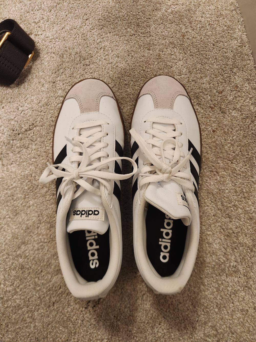 adidas White Sneakers with Black Stripes and Beige Toe